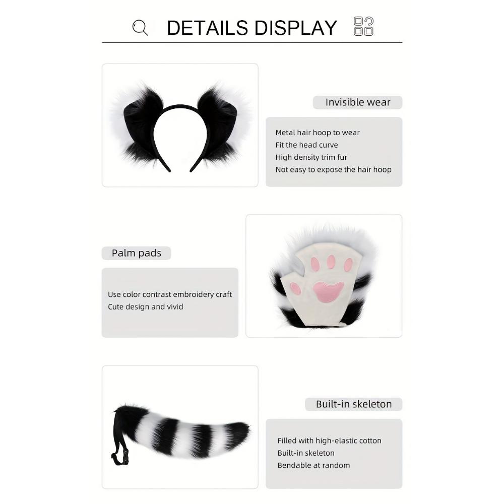 3-Pack Anime Cosplay Fox Ear Headbands, Fluffy Tail and Paw Gloves, Cute Faux Fur Animal Costume Accessories for Halloween Parties