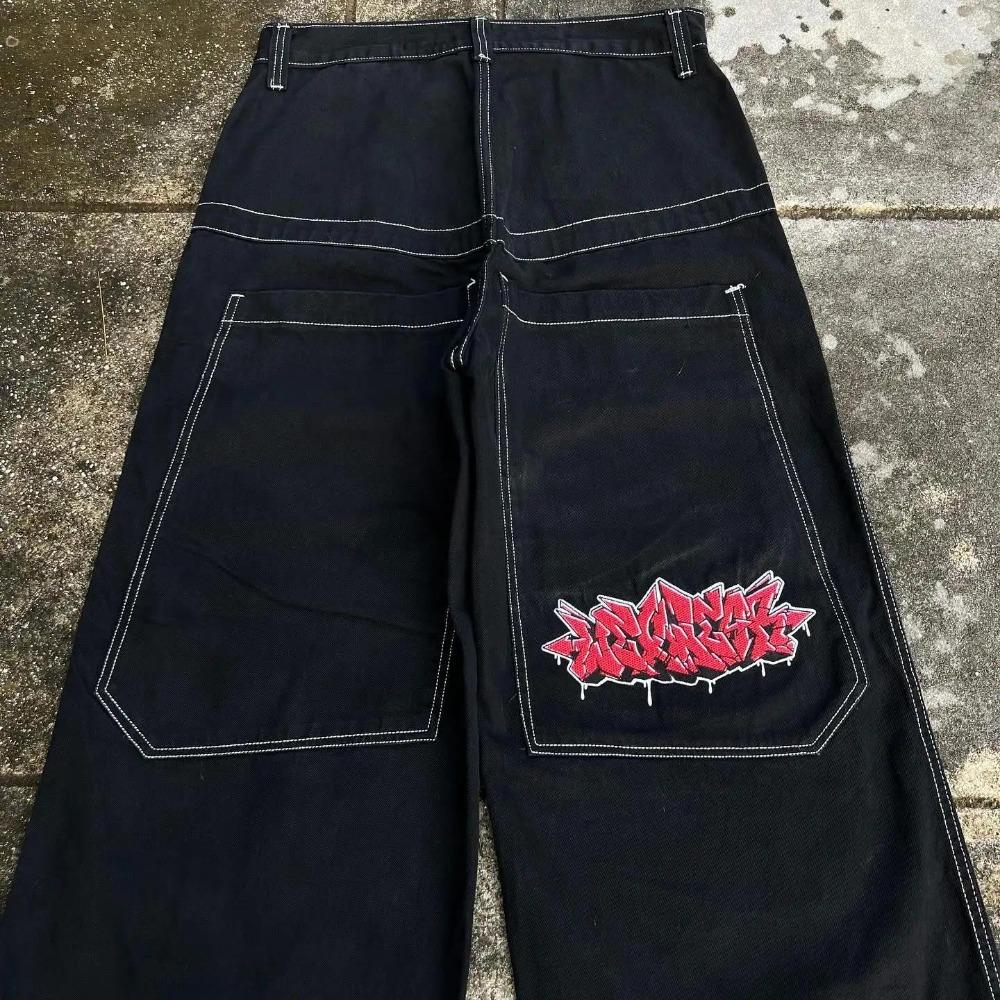 RogueWave Hip Hop Y2k Nuevo Color Wexwear Jeans Baggy Bordados Streetwear Jeans Hombre Mujer Cintura Alta Pantalón Ancho Harajuku Pantalones Negros