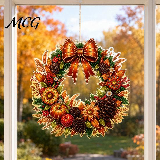 Hanging Ornament Fall Pumpkin Sunflower Wreath Decor, Acrylic Hand Painted Seasonal Home Decor Window Ornament, Thanksgiving Halloween Harvest