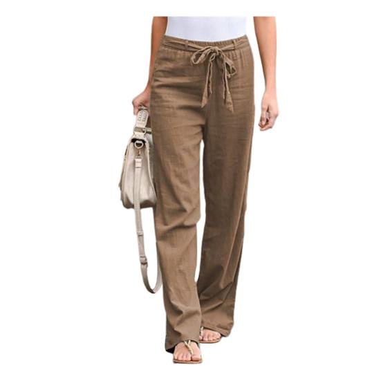 Women Casual Solid Color High Waist Belt Wide Leg Long Straight Pants Trousers