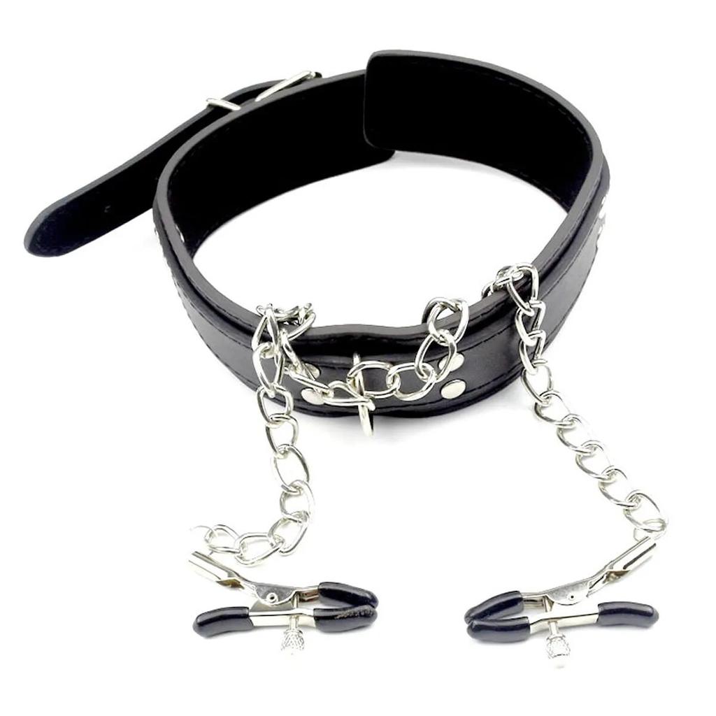 Leather Choker Collar with Nipples Breast Clamp Clip Chain Slave BDSM Sex Toys for Woman Couple Sex Tools Couples Adult Games