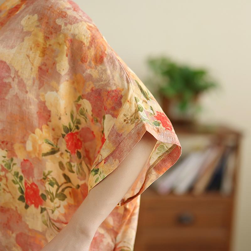 DIMANAF 2025 Plus Size Summer Women Printing Long Dress Short Sleeve Vintage Casual Linen V-Neck Basic Loose Dress