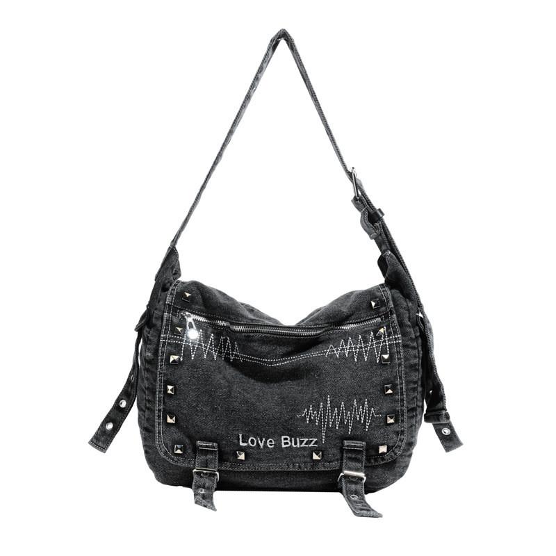 Borsa in Denim Retro da Donna con Grande Capacità e Borchie Metalliche per Uso Quotidiano