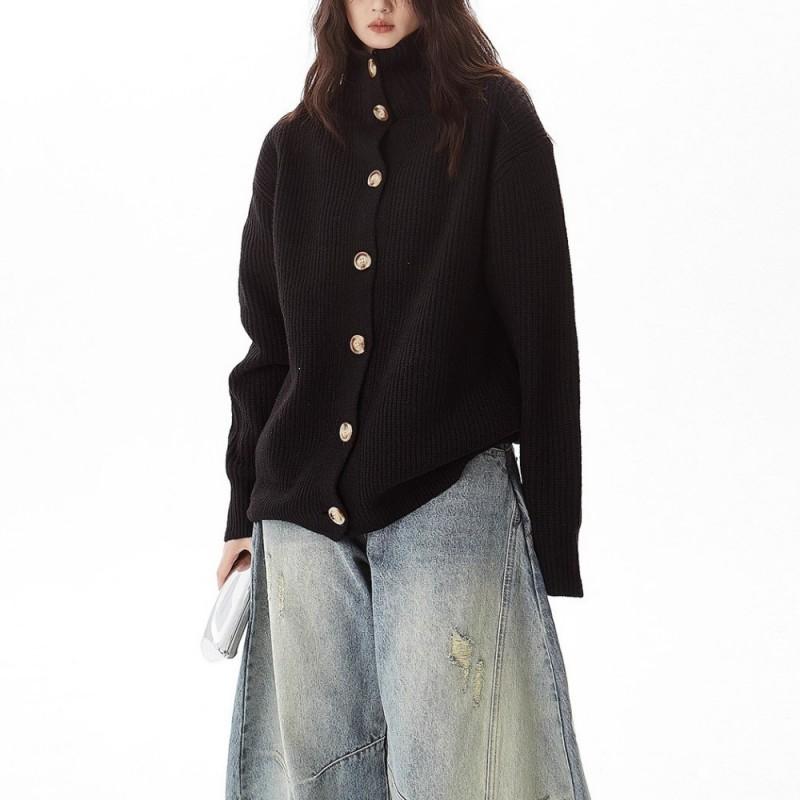 Oversized High Neck Knit Cardigan Women Fall Winter Loose Casual Sweater Coat