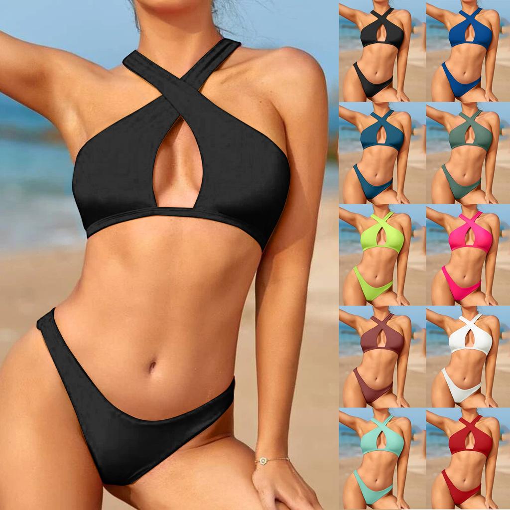 Women's Summer Fashion Sexy Solid Color Cross Strapless Waist Split Bikini Swimsuit Set