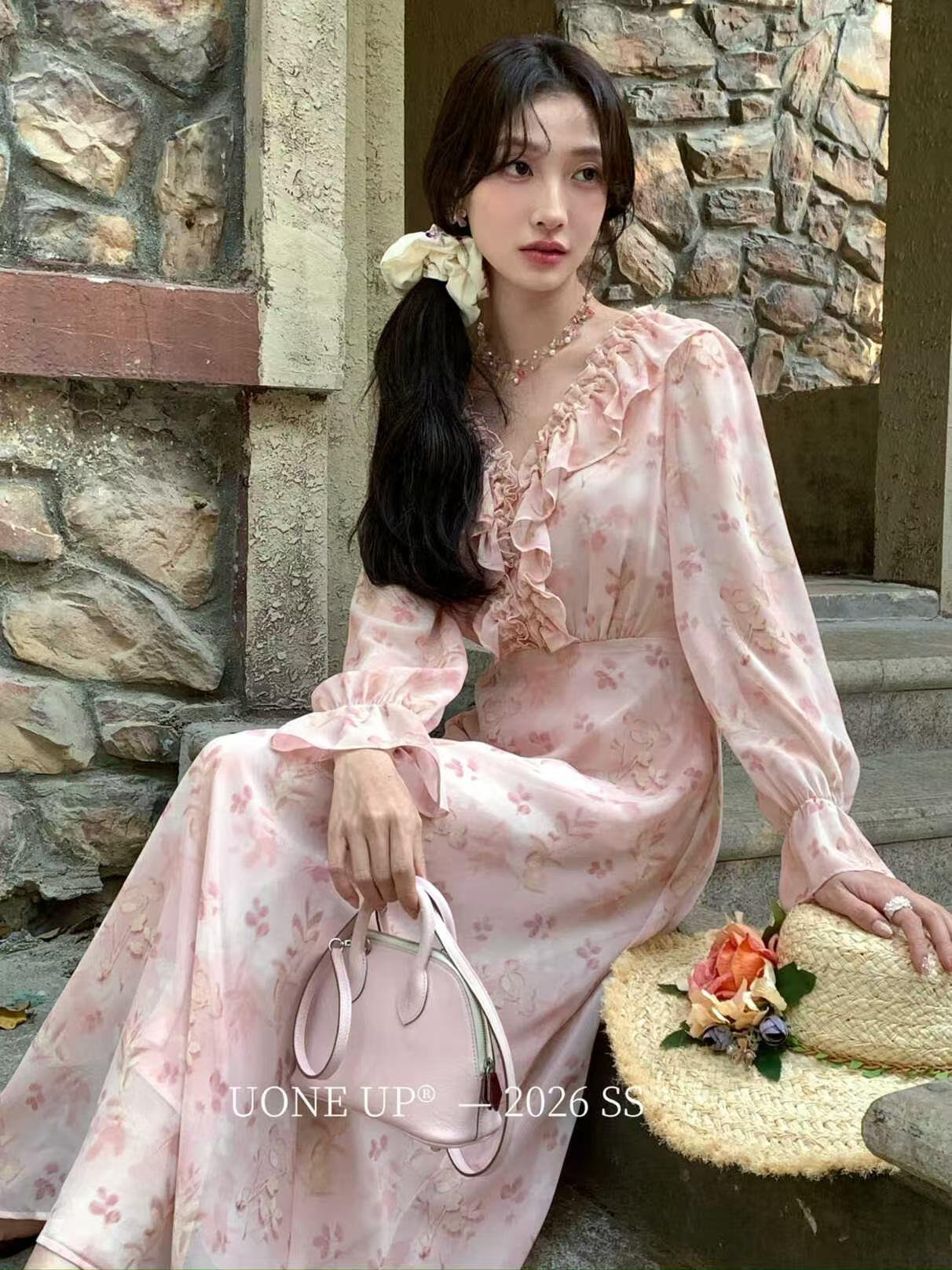 UONE2026 French-Inspired Elegant Lace V-Neck Floral Long Dress for Women Medium фиолетовый