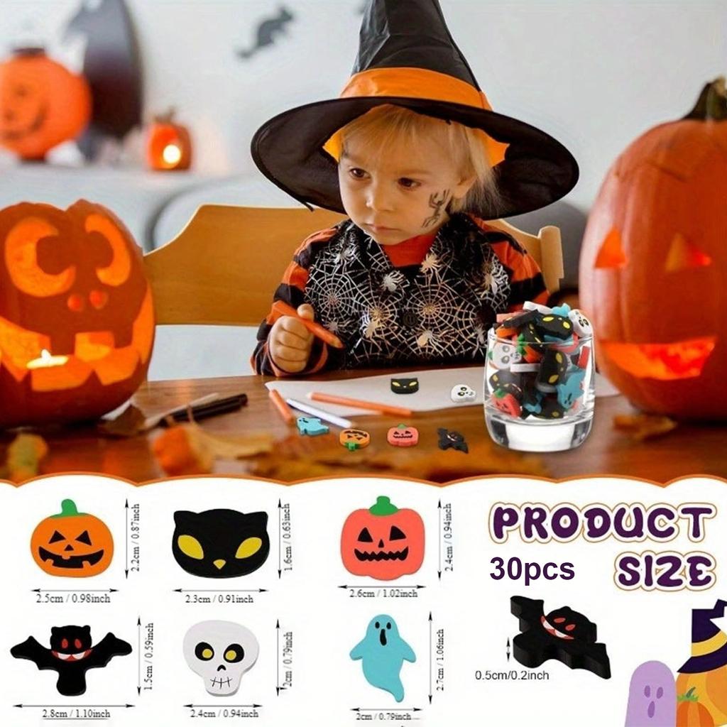 30Pcs Cute Halloween Mini Erasers Reusable Pumpkin Ghost Skull Bat Erasers Cartoon Halloween Eraser Fun Drawing Accessories