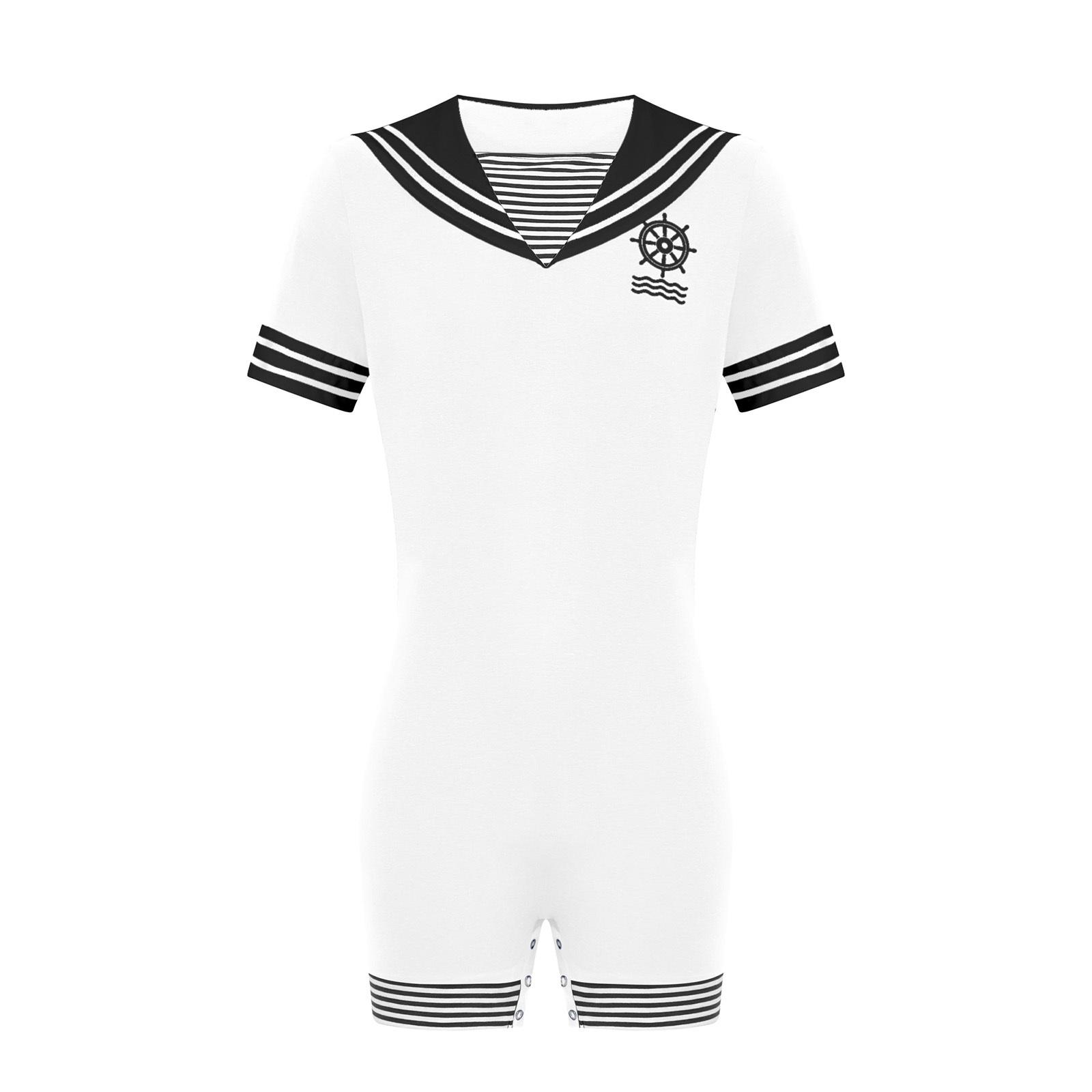 

Mens Sailor Style Pajamas Bodysuit Navy Collar Short Sleeve Button Crotch Print Romper Jumpsuit Lounging S білий