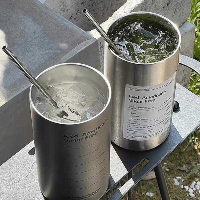 Coffee Cup Thermos 304 Stainless Steel Double -layer Cooler Straw Cup Portable Reusable Ins Ice American Coffee Mug Water Bottle
