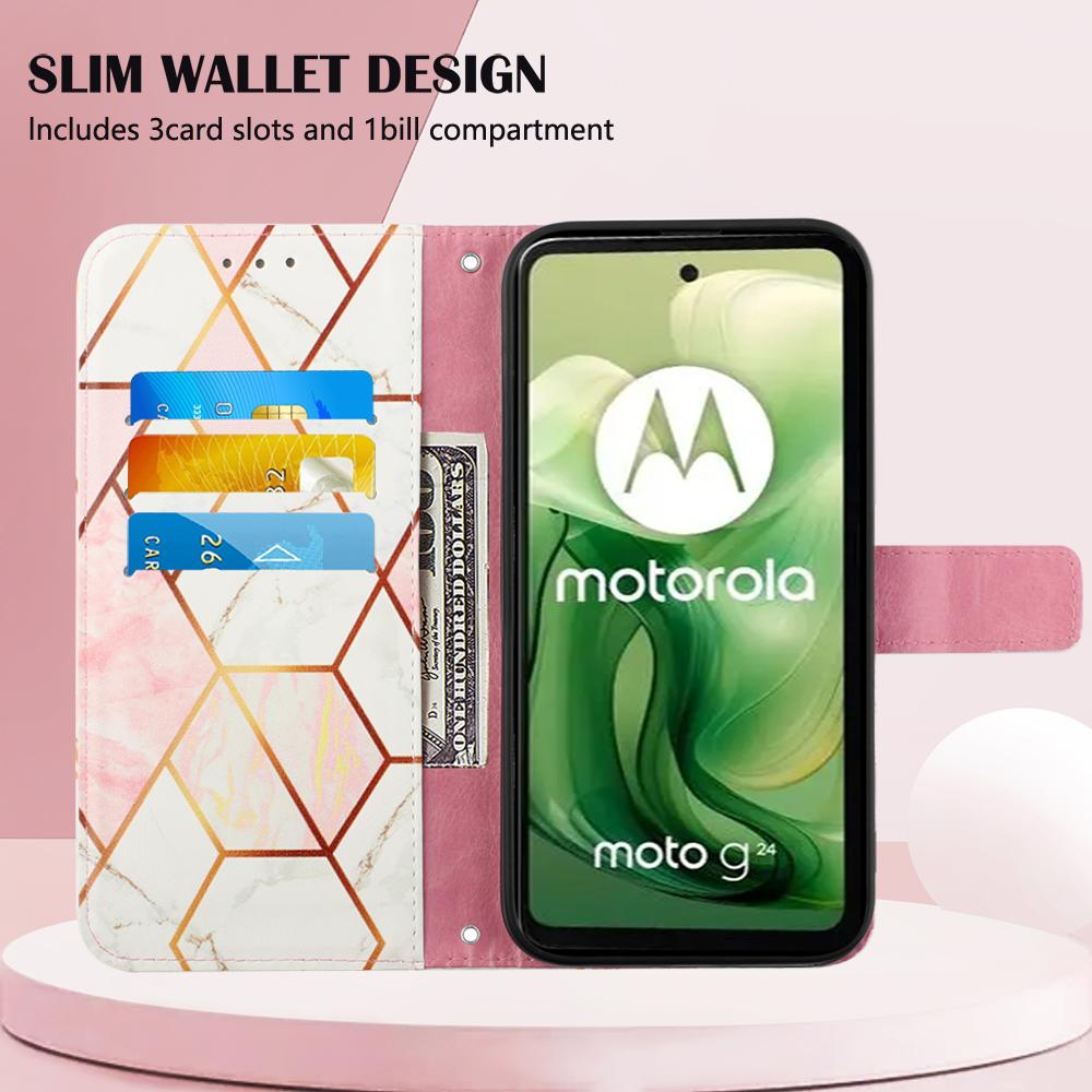 For Motorola Moto E14 4G/G04 4G/G04s 4G/G24 4G Leather Case with Shoulder Strap Marble Pattern Phone Stand Cover