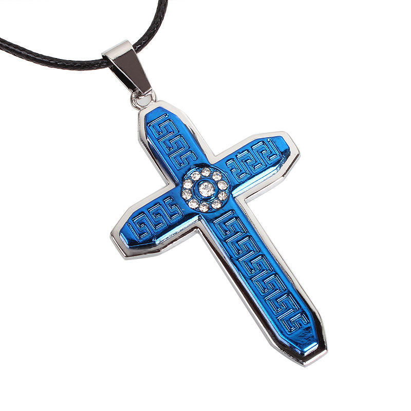 

JMXD Crystal Studded Metal Cross Pendant Wax Cord Necklace Medieval Vintage Style Statement Fashion Accessory Versatile синий