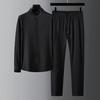 Men Shirt Pants Set Elastic Waist Wide Leg Stand Collar Plus Size Single-breasted Solid Color Thin Soft Casual Long Sleeve