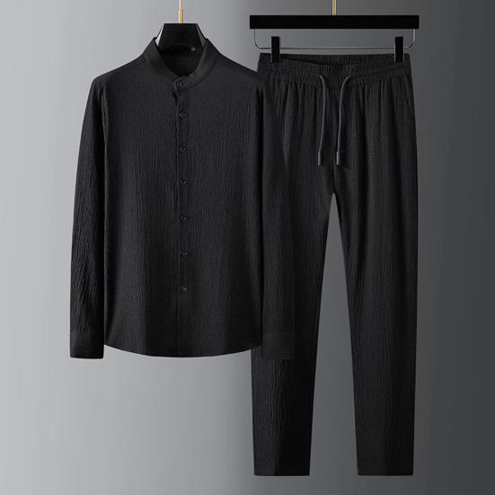 Men Shirt Pants Set Elastic Waist Wide Leg Stand Collar Plus Size Single-breasted Solid Color Thin Soft Casual Long Sleeve