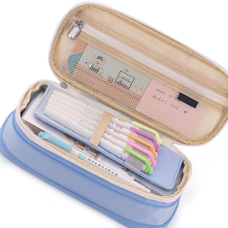 Pencil Pouch Large Capacity Color Splicing Double Layered Simple Style Design Pen Holder Bag