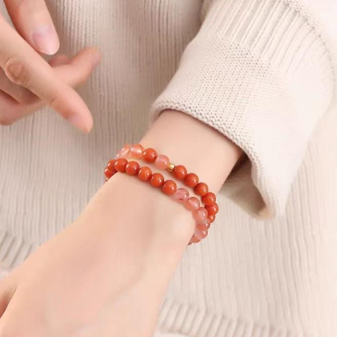 Women's Double Color Bracelet with Natural Red-Veined Agate Beads