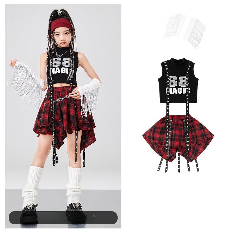 

Kids Fashion Hiphop Design Clothes Set Girl Hip Hop Cropped T-shirt Skirt 2 Piece Dance Costume Suit Child Y2k Streetwear Outfit 110