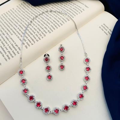 Silver Plated Diamond Round Necklace Set Diamond Necklace Set for Women