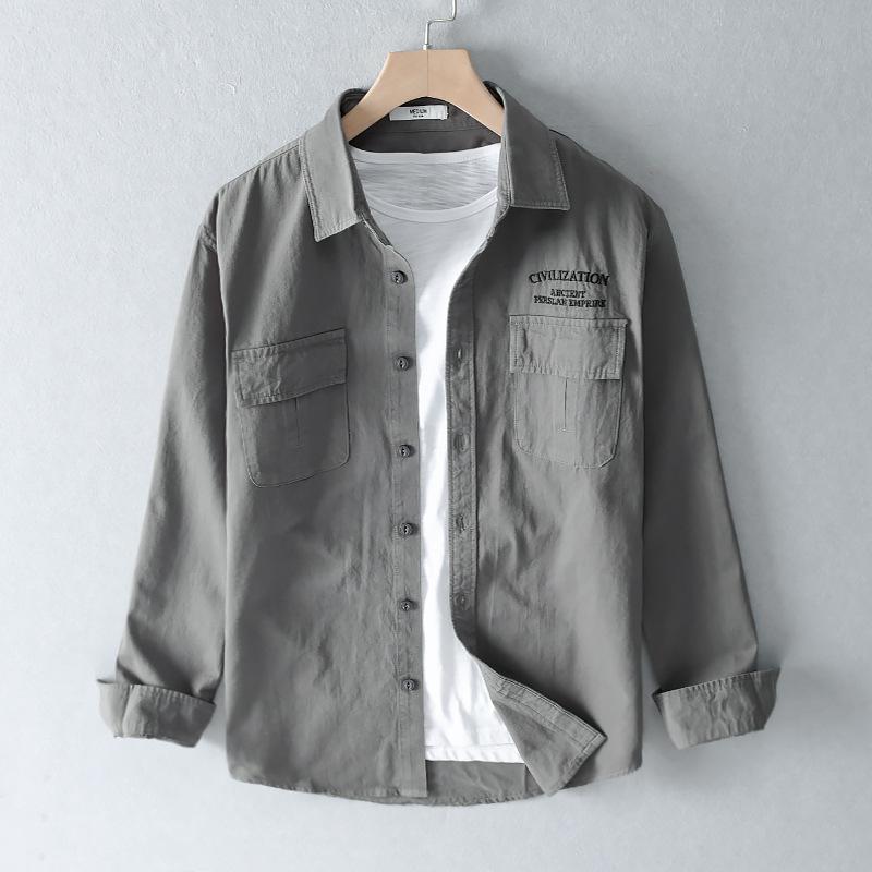 Men's Letter Print Long Sleeve Button Up Shirt Casual Loose Fit Pocket Design Workwear Style Top for Daily Wear