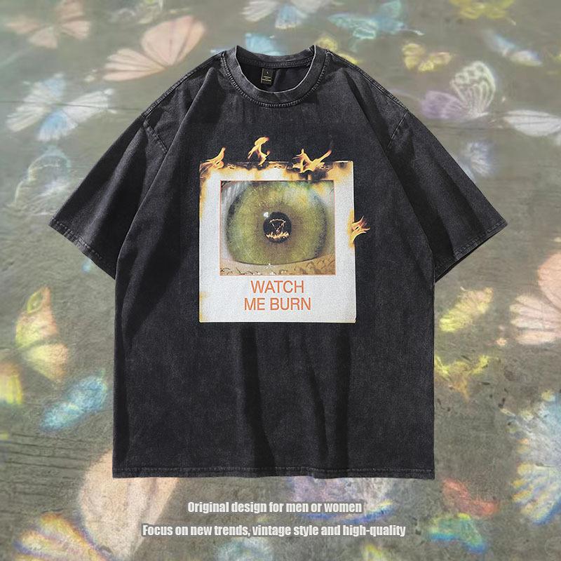 American High Street Retro Washed Old Direct Injection Printing Small Neckline Short Sleeve T-Shirt Oversize Half Sleeve Tee