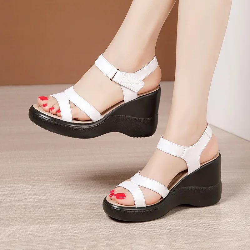 8cm Small Size 32-43 Comfortable Soft Leather Sandals Platform Wedges Shoes 2025 Summer Womens High Heels Sandals Office Mom