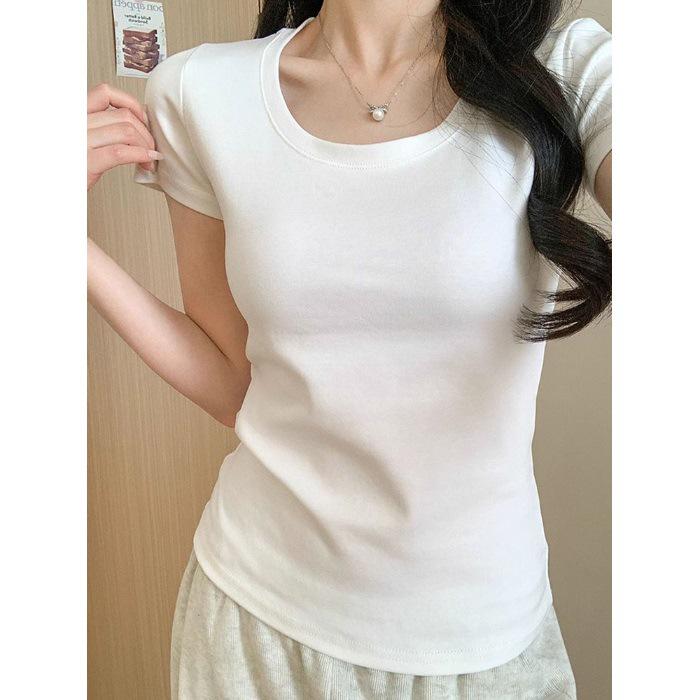 2025 Summer French Style Slimming Round Neck Women s T-Shirt Small (S) белый