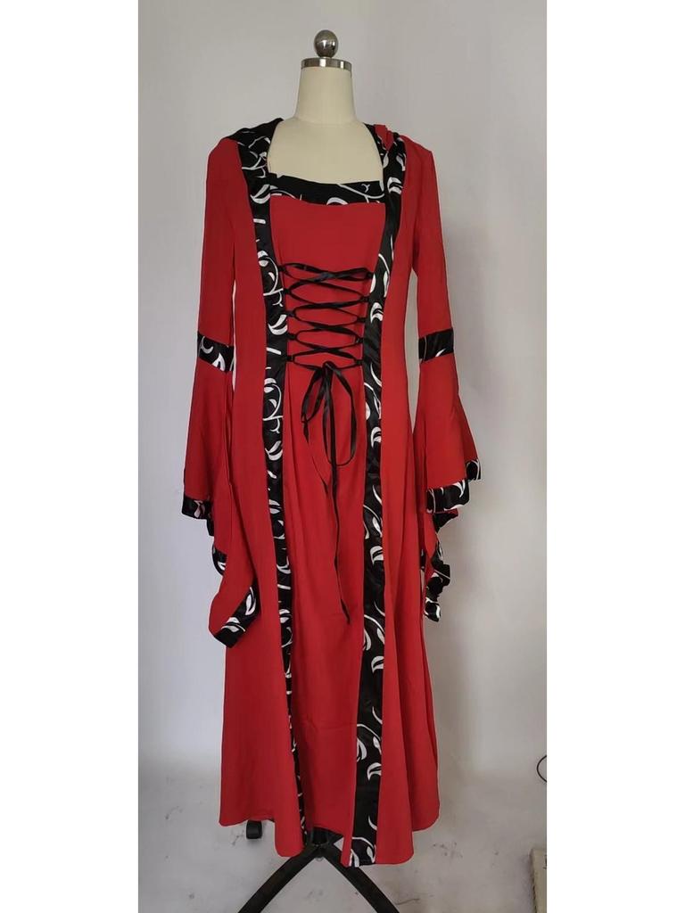 Medieval Retro Hooded Lace Bell Sleeve Swing Dress with Square Neck & Spaghetti Straps