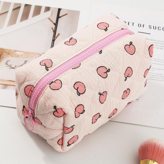 Quilted Cosmetic Pouch Soft Zippered Cute Peach Cherry Toiletry Bag Travel Makeup Bag Portable Organizer