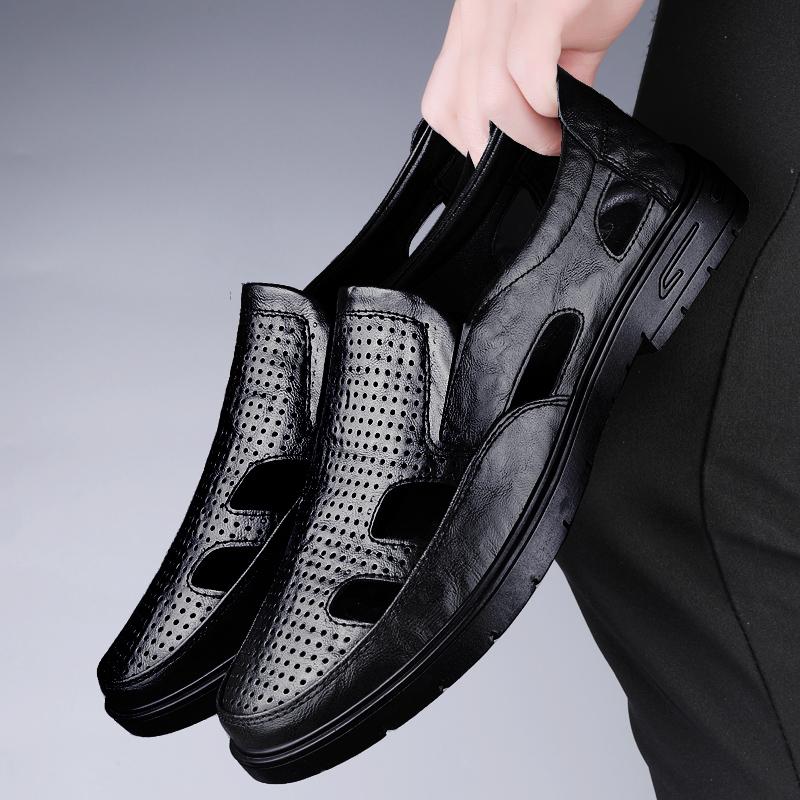 Fashion 2024 Summer Fashion New Breathable Leather Sandals Brand Men's Comfortable Hollow Sandals Outdoor Men's Anti-skid Wading Shoes