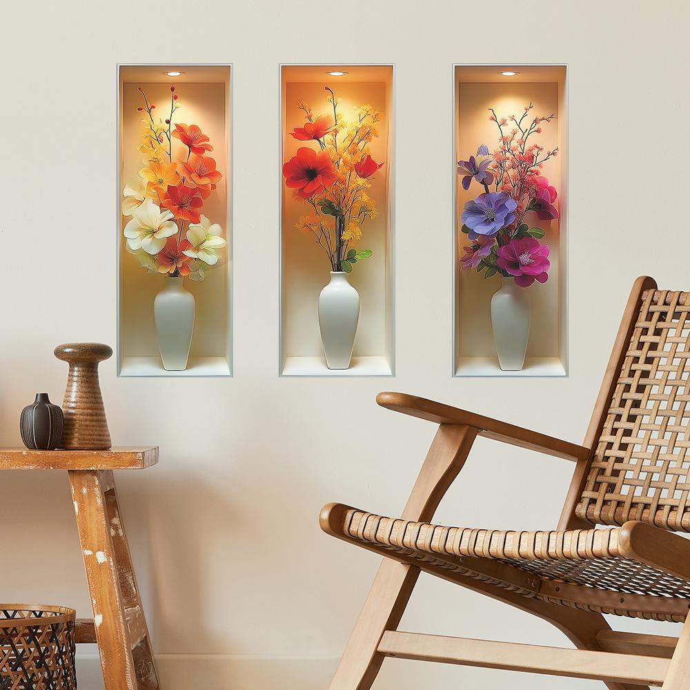 Artificial Flower Potted Plant Triptyl Stickers for Beautifying The Living Room and Dining Room Walls
