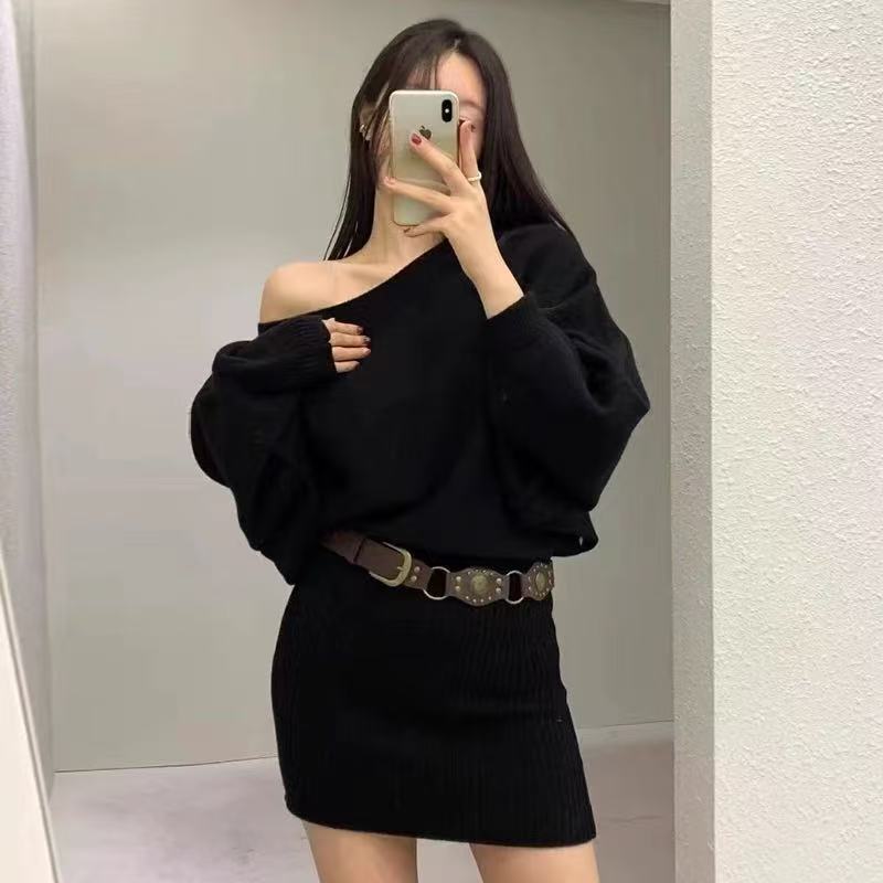 American Spice Girl Lazy Premium Autumn and Winter Knitted Dress Loose Bat Sleeve Off Shoulder Short Hip Wrap Dress
