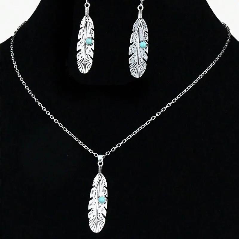 Vintage Boho Ethnic Jewelry Sets for Women Silver Hollow Filigree Round Feather Turquoise Pendant Necklace Earrings Set