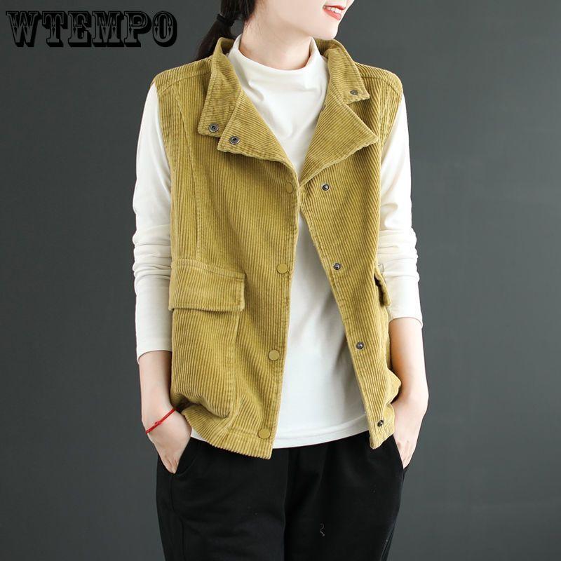 Gilet Vintage in Velluto a Coste con Collo Alto da Donna Gilet Giacca Versatile a Spalla in Velluto a Righe a Colore Solido Largo
