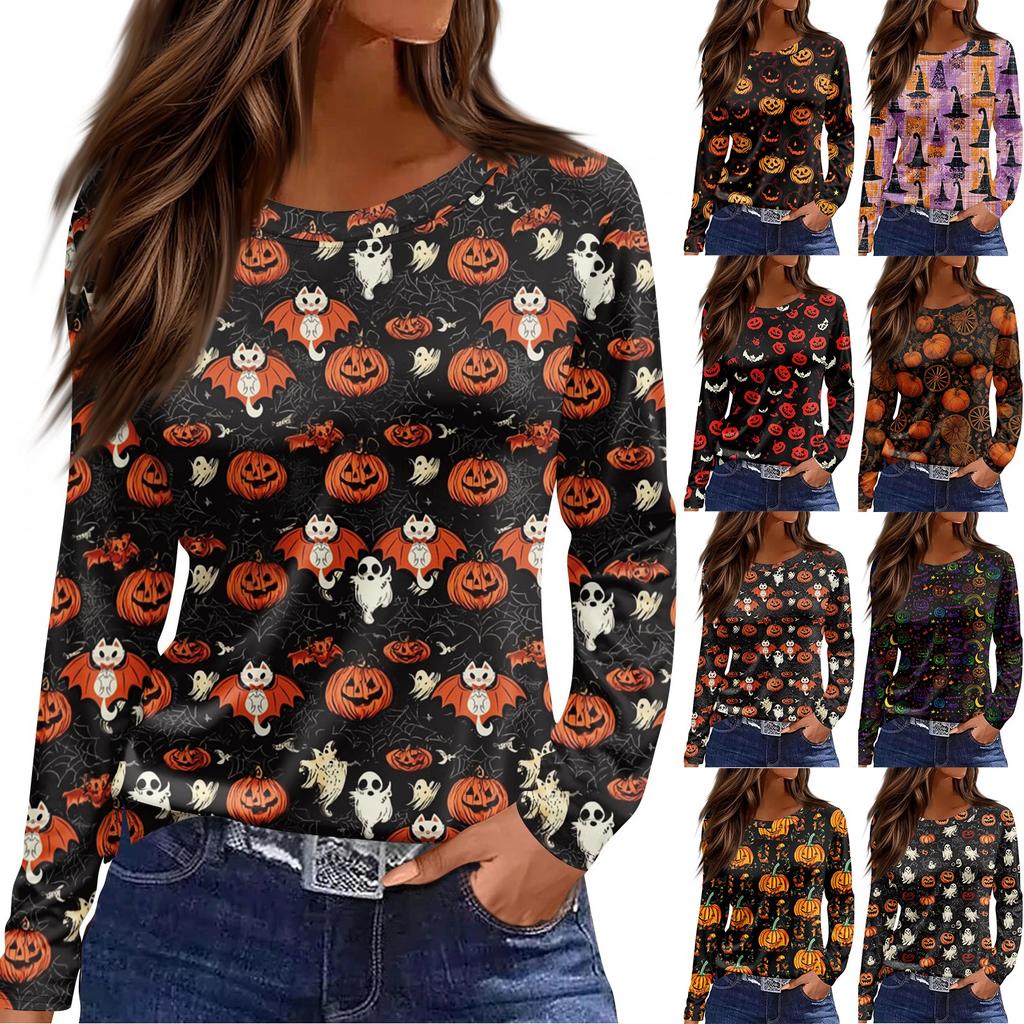 Women's Fashion Casual LongSleeve Print Round Neck Pullover Top Blouse