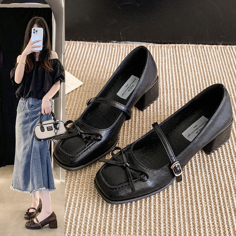 French Bow Thick Heel Mary Jane Shoes Women's 2025 Autumn New Temperament with Skirt Gentle Wind Light Mouth Single Shoes