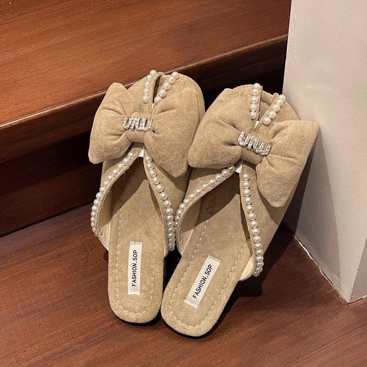 

Баотоу полутапочки женские 2025 лето новая бант милая жемчужина один педаль ленивый повседневный универсальный женская обувь 36 хаки