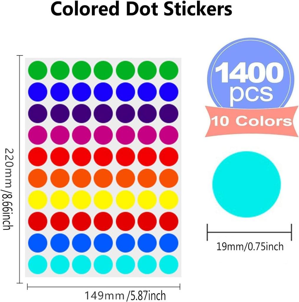 1400 PCS Round Color Coding Labels 20 Sheets Style Colored Dot Stickers Circle Dot Label Sticker for Toddlers Office Student Classroom Papers(10 Colo