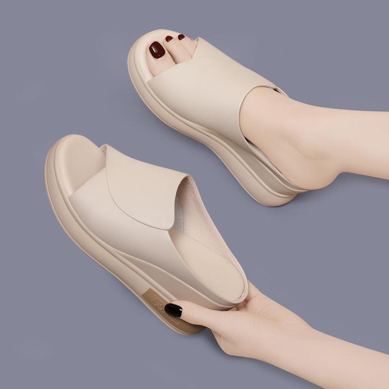 Top layer cowhide wedge sandals women's summer fashion high heels ladies wear sandals women's slippers outside