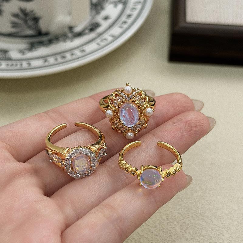 Light Luxury Blue Moonstone Retro Court Style Diamond-Encrusted Zircon Bead Open Ring Niche High-End Elegant Ring