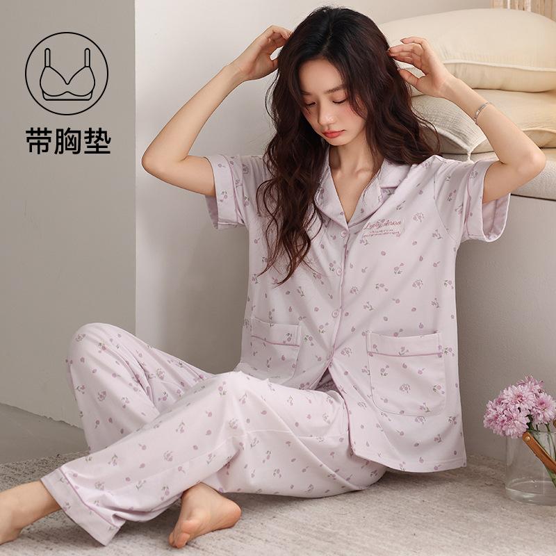 Pajamas with chest pads women's summer thin cotton short-sleeved trousers large size casual relaxation cardigan loungewear set