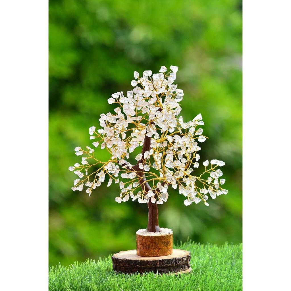 Seven Chakra Crystal Gemstone Bonsai Money Tree with Golden Wire and 300 Beads Figurine Standard Size - Clear Quartz, 1 Piece
