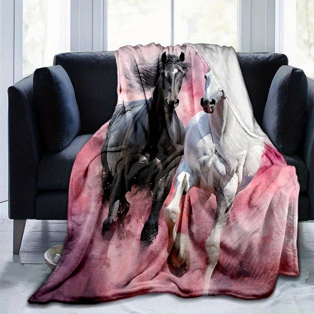 RIP1pc Pink Blanket Running Black White Horse Printed Cozy Fluffy Flannel Blanket for Home Living Room Bedroom Decor New Year GiftR-I-P