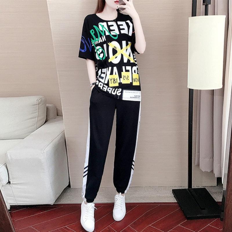 Sports Suit for Women, Summer Loose Korean Style Casual Sportswear, Stylish Slimming Pants Two-piece Set