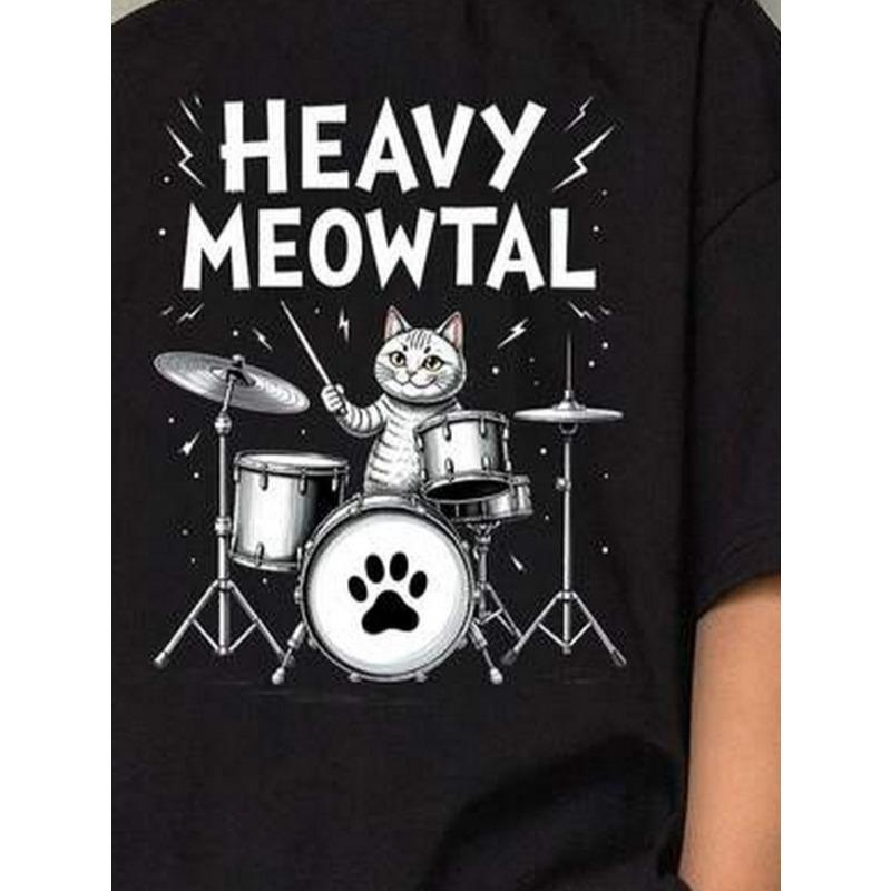 Boys Crewneck T-Shirt, Heavy Metal Drummer Cat Music Graphic