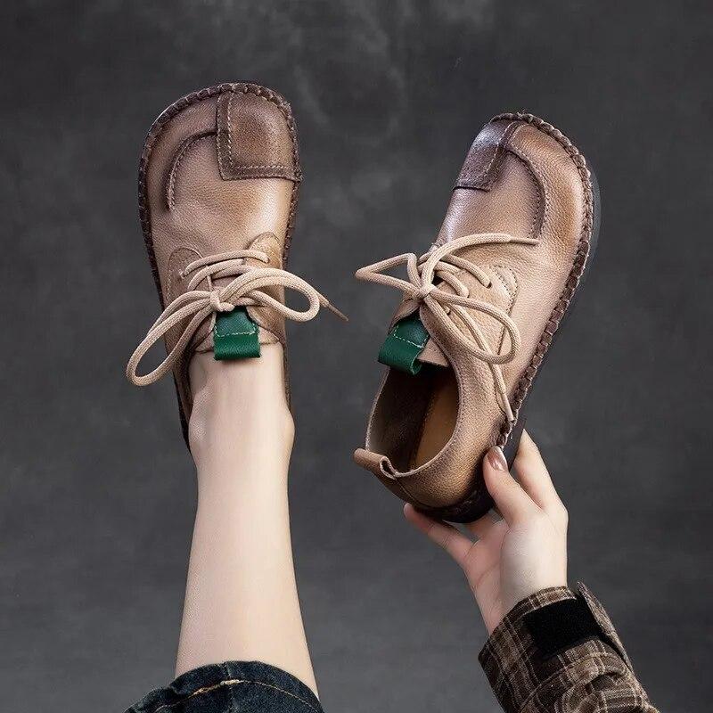 Johnature Damenschuhe aus echtem Leder mit weicher Sohle, Vintage-Stil, runde Spitze, Schnürung, vielseitige, bequeme, flache Schuhe