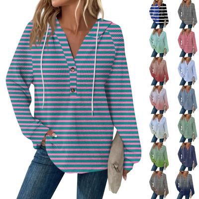 Women's Fashion Long Sleeve  Drawstring Hooded Button V-Neck Casual Hooded Printed Sweatshirt Top