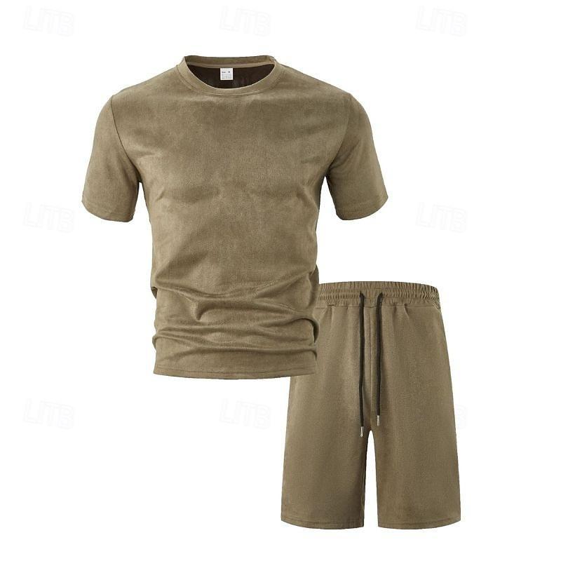 Men's T-shirt Suits 2 Pieces Outfits Tee & Shorts Short Sleeve Crewneck Summer Solid / Plain Color Fashion Casual 2 Piece