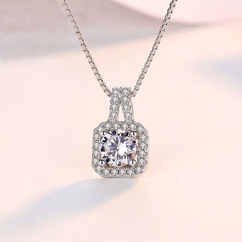 Pt950 White Gold Full Diamond Square Pendant Women's Clavicle Chain - Trendy Celebrity Style
