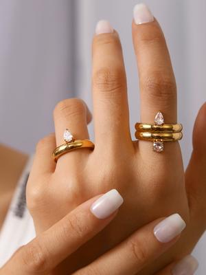 Französischer Vintage Eleganter Charme Mode Schlicht Edelstahl 18K Vergoldet Mit Rundem Und Tropfenförmigem Zirkonia Ring Für Damen