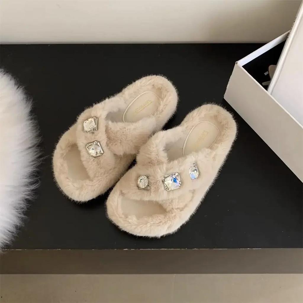 Fashion 2025 Home Woman's Slippers Slides Jelly Flip Flops Fur Sliders Fashion Platform 2024 Glitter Plush Luxury Crystal Glitter Slides