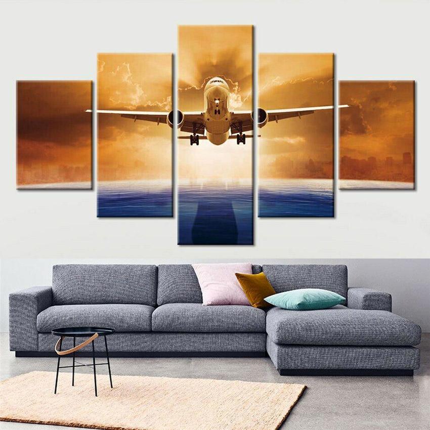 5 Panel Landscape Sunset Lights Airplane Lawn Canvas Painting Modular Posters and Prints Wall Art Pictures Home Decor No Frame